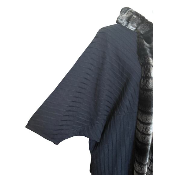 Ming Wang Open Knit Cardigan Women Large Black Faux Fur Trim Dolman Sleeves - Picture 4 of 11
